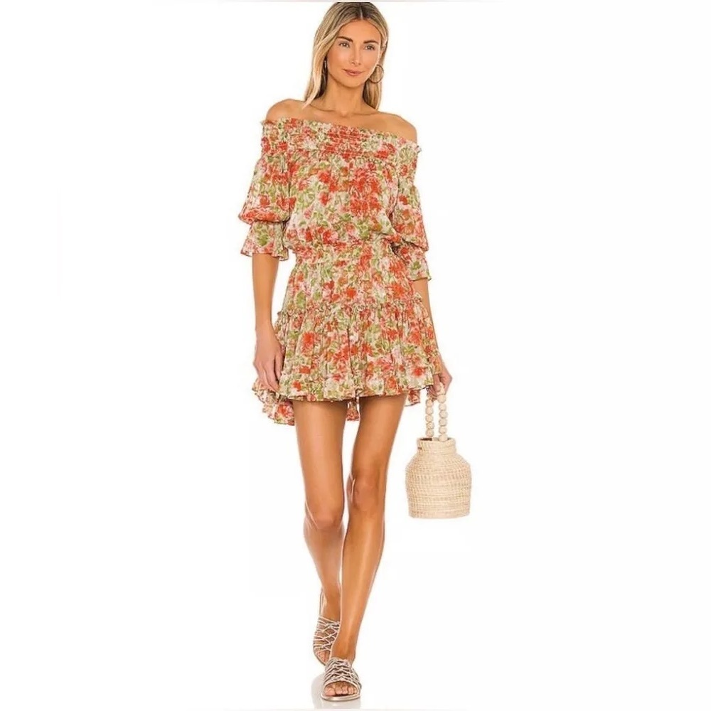 NWT Misa Los Angeles Darla Off Shoulder Orange Green Ruffle Mini Dress